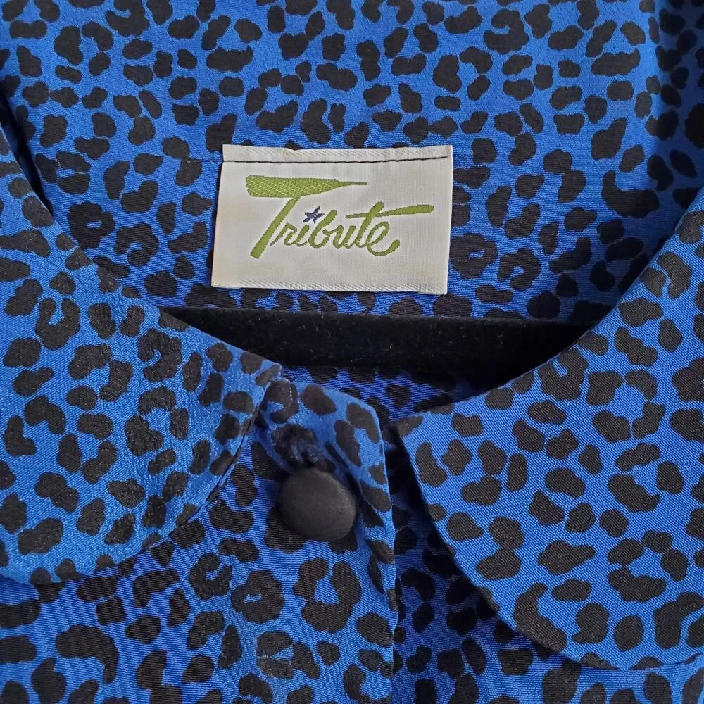 Vintage Tribute Blue Animal Print Dress Elastic Waist Long Sleeve Size M GUC - Picture 10 of 14